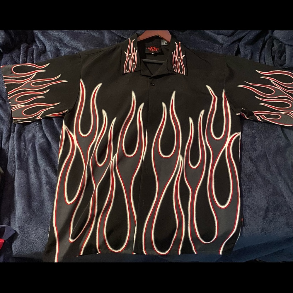 Men's Black Short Sleeve Button Down Biker Flame Shirt  XL